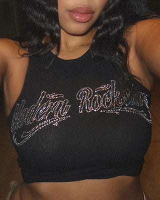 WOMENS RHINESTONE STRETCHY CROP TANK